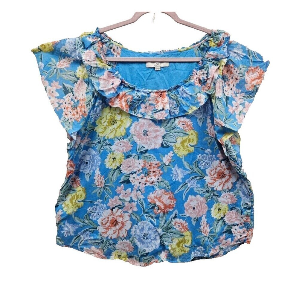 Loft Women Top XL Blue Floral Print Cotton Garden Ruffle Shell Cottagecore Fairy